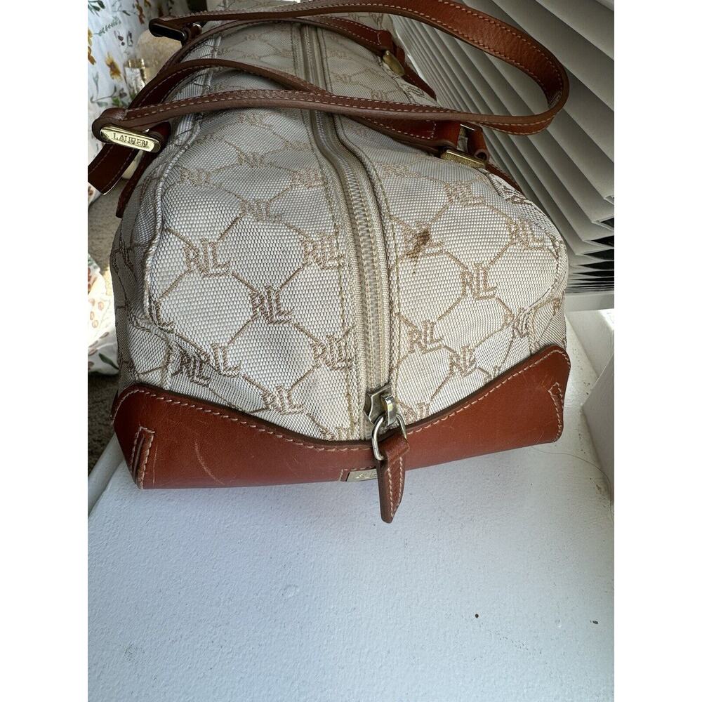 Vtg Women's Lauren Ralph Lauren Handbag All Pattern Beige Canvas Carmel Leather - Picture 2 of 8